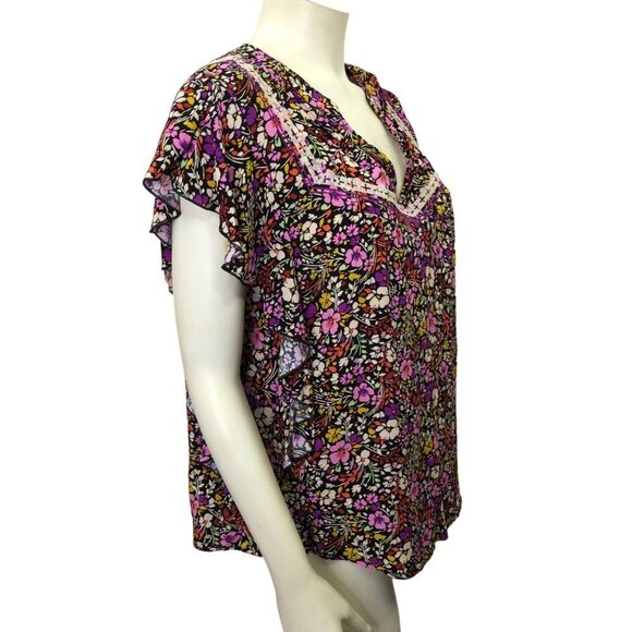 DEMOCRACY $78 BUTTERFLY SLEEVE FLORAL PRINT V NECK TOP LG NWT - Picture 3 of 7